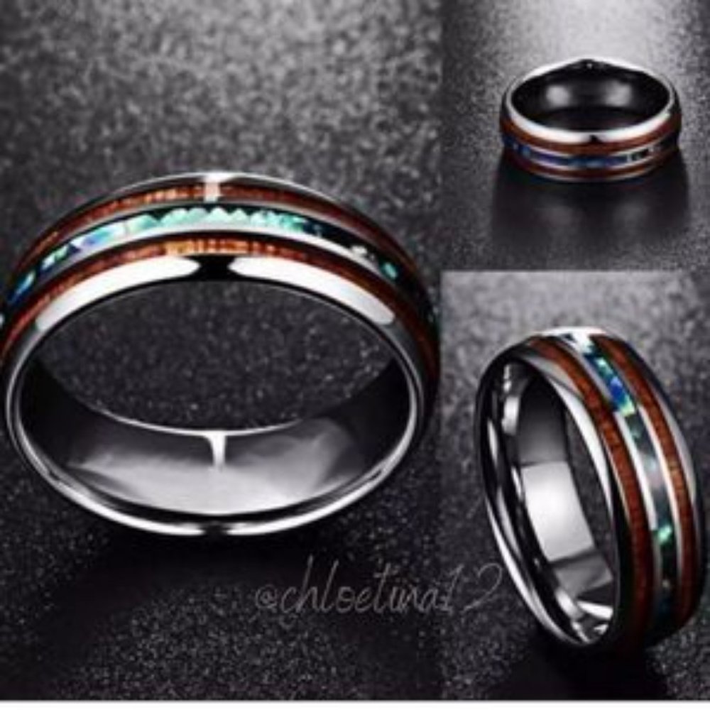 - New Unisex Tungsten Hawaiian Koa Wood Abalone Ring - Picture 3 of 6
